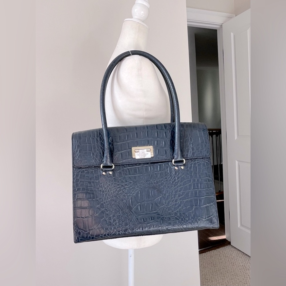 kate spade Navy Crocodile-Embossed Large Structured Shoulder  Bag - Picture 2 of 9